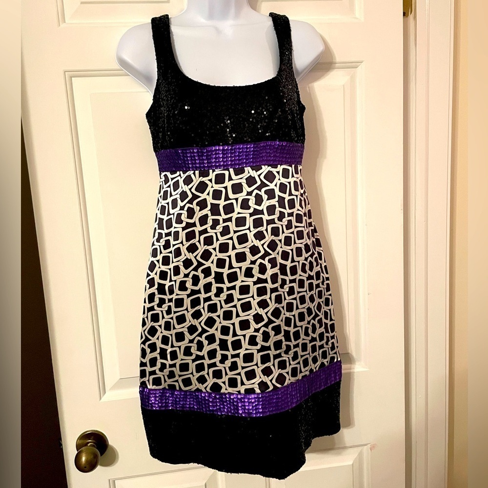 Kathryn Conover Cocktail Dress SZ 2 Black White Purple Sequin Satin Fit & Flare